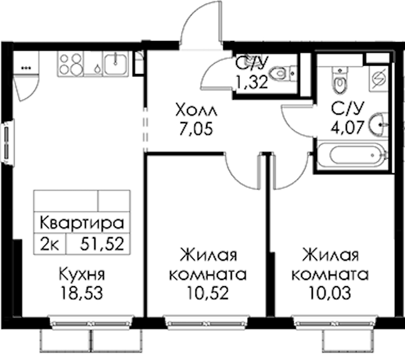 2-комнатная квартира 51.52 м², 2/15 эт., ЖК «Янинский лес»